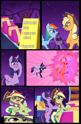 Size: 1045x1600 | Tagged: safe, artist:toongrowner, twilight sparkle, oc, oc:zap-apple jam, alicorn, earth pony, pegasus, pony, comic:to fix a feud by fusion, g4, alicorn princess, amusement park, annoyed, argument, background pony, body horror, comic, commissioner:bigonionbean, confused, cowboy hat, cutie mark, dizzy, female, forced, freckles, fuse, fusion, fusion:rainbow dash, hat, magic, mare, merge, merging, power ponies, pushing, ride, roller coaster, stetson, twilight sparkle (alicorn), unamused, writer:bigonionbean, yelling