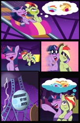 Size: 1045x1600 | Tagged: safe, artist:toongrowner, applejack, rainbow dash, twilight sparkle, oc, oc:zap-apple jam, alicorn, earth pony, pegasus, pony, comic:to fix a feud by fusion, g4, alicorn princess, amusement park, argument, comic, commissioner:bigonionbean, confused, cowboy hat, crying, crying inside, cutie mark, dizzy, energetic, excited, female, freckles, fusion, fusion:rainbow dash, hat, hug, lightning, magic, mare, panicking, ride, roller coaster, shocked, sick, stetson, thought bubble, twilight sparkle (alicorn), writer:bigonionbean
