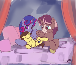 Size: 1500x1275 | Tagged: safe, artist:drafthoof, oc, oc only, oc:king speedy hooves, oc:queen galaxia (bigonionbean), oc:tommy the human, alicorn, pony, bed, bedroom, child, colt, commissioner:bigonionbean, cute, cutie mark, daaaaaaaaaaaw, family, father and child, father and son, female, foal, fusion, fusion:big macintosh, fusion:flash sentry, fusion:princess cadance, fusion:princess celestia, fusion:princess luna, fusion:shining armor, fusion:trouble shoes, fusion:twilight sparkle, husband and wife, lying down, male, mare, mother and child, mother and son, royalty, sleeping, stallion, trio, writer:bigonionbean