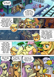 Size: 1204x1700 | Tagged: safe, artist:tarkron, applejack, fluttershy, earth pony, griffon, pegasus, pony, comic:what happens in las pegasus, g4, clothes, coat, comic, food, freckles, hat, hooves on belly, newspaper, pie, sad, scared, scratches, shrunken pupils, this will not end well, train station