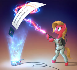 Size: 1100x1000 | Tagged: safe, artist:magfen, oc, oc only, oc:pun, pony, ask pun, ask, bipedal, clothes, ghost trap, ghostbusters, jumpsuit, proton pack, solo, trap (device)