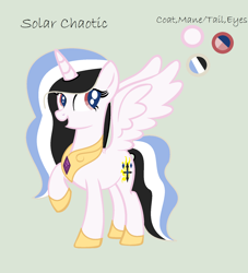 Size: 1536x1692 | Tagged: safe, artist:lominicinfinity, oc, oc only, oc:solar chaotic, alicorn, hybrid, pony, female, interspecies offspring, mare, offspring, parent:discord, parent:princess celestia, parents:dislestia, simple background, solo