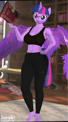 Size: 2160x3840 | Tagged: safe, artist:steamyart, twilight sparkle, alicorn, anthro, plantigrade anthro, g4, 3d, book, bookshelf, clothes, feet, glasses, hand on hip, high res, holding, large wings, library, pants, solo, source filmmaker, sports bra, stupid sexy twilight, twilight sparkle (alicorn), wings, yoga pants