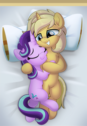 Size: 600x865 | Tagged: safe, artist:jhayarr23, starlight glimmer, oc, oc:sunlight bolt, pony, unicorn, g4, belly fluff, canon x oc, chest fluff, commission, cuddling, cute, daaaaaaaaaaaw, female, fluffy, glimmbolt, leg fluff, male, not applejack, shipping, straight