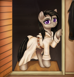 Size: 4000x4200 | Tagged: safe, artist:eltaile, octavia melody, earth pony, pony, g4, absurd resolution, belt, clothes, coat, door, female, indoors, jacket, looking at you, raincoat, solo, wet, wet mane