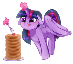 Size: 2881x2519 | Tagged: safe, artist:vetta, twilight sparkle, alicorn, pony, g4, berry, blushing, cute, daaaaaaaaaaaw, eyes on the prize, female, floppy ears, food, fork, glowing, glowing horn, herbivore, high res, horn, hungry, levitation, licking, licking lips, magic, magic aura, mare, pancakes, simple background, smiling, solo, spread wings, syrup, telekinesis, that pony sure does love pancakes, tongue out, twiabetes, twilight sparkle (alicorn), white background, wing fluff, wings