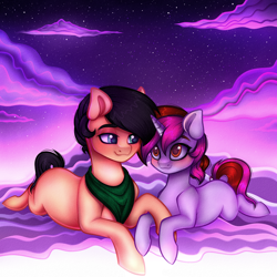 Size: 4000x4000 | Tagged: safe, artist:vetta, oc, oc only, oc:kosh, oc:vetta, earth pony, pony, unicorn, clothes, cloud, couple, female, male, mare, shipping, stallion