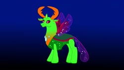 Size: 4320x2432 | Tagged: safe, artist:the double u, thorax, changedling, changeling, g4, gradient background, horns, king, king thorax, male, neon, solo, sparkles, spread wings, the six knights of the night, transparent wings, wings