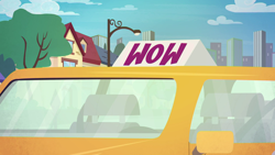 Size: 1920x1080 | Tagged: safe, edit, edited screencap, screencap, equestria girls, fomo, g4, my little pony equestria girls: better together, canterlot city, car, no pony, taxi, title card, wow