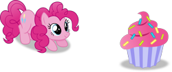 Size: 6775x2842 | Tagged: safe, artist:anime-equestria, pinkie pie, earth pony, pony, g4, cake, crouching, cupcake, cute, diapinkes, female, food, happy, mare, simple background, smiling, solo, sprinkles, transparent background, vector
