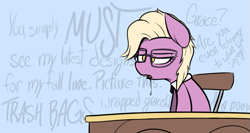 Size: 849x452 | Tagged: safe, artist:pinkberry, grace manewitz, pony, g4, bored, chair, desk, drool, fashion, glasses, ignoring, implied rarity, open mouth, solo, talking, text