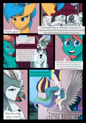 Size: 1600x2291 | Tagged: safe, artist:tillie-tmb, princess celestia, oc, oc:cirrus sky, oc:doctor epsilon saltz, oc:moonlight sigil, oc:nurse merry rhymes, alicorn, hippogriff, pegasus, pony, unicorn, comic:the amulet of shades, g4, canterlot castle, comic, determined look, skeptical