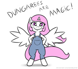 Size: 581x517 | Tagged: safe, artist:banebuster, princess celestia, alicorn, pony, semi-anthro, series:tiny tia, g4, arm hooves, clothes, cute, cutelestia, dungarees, evil grin, evil smirk, female, grin, looking at you, overalls, pink-mane celestia, simple background, smiling, smuglestia, solo, white background