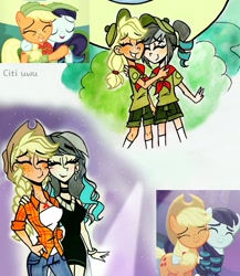 Size: 1747x2015 | Tagged: safe, artist:citi, screencap, applejack, coloratura, earth pony, human, pony, g4, the mane attraction, breasts, busty applejack, cutie mark accessory, duo, duo female, eyes closed, female, filly, filly applejack, filly coloratura, freckles, hug, humanized, scene interpretation, screencap reference, younger