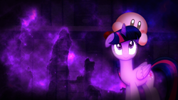 Size: 1920x1080 | Tagged: safe, artist:m24designs, artist:mamandil, twilight sparkle, alicorn, pony, puffball, g4, crossover, galaxy, hug, kirby, kirby (series), looking up, night, pillars of creation, space, twilight sparkle (alicorn), wallpaper