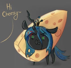 Size: 1080x1037 | Tagged: source needed, safe, artist:tanatos, queen chrysalis, changeling, changeling queen, g4, cheese, cheeselegs, chibi, cute, cutealis, dialogue, female, food, meme, queen swissalis, sketch, solo