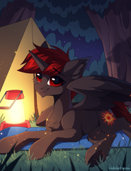 Size: 2000x2621 | Tagged: safe, artist:redchetgreen, oc, oc only, oc:hardy, alicorn, pony, alicorn oc, camp, camper, chest fluff, concave belly, fluffy, forest, full body, grass, high res, horn, lantern, male, night, red eyes, slender, smiling, solo, stallion, tent, thin, tree, wings