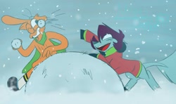Size: 1024x607 | Tagged: safe, artist:mimidoggy, oc, earth pony, pony, crossover, friendshipping, snow, snowball, snowball fight, snowball fun, wander (wander over yonder), wander over yonder, winter