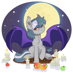 Size: 2200x2200 | Tagged: safe, artist:liquorice_sweet, oc, oc only, oc:summer memory, bat pony, pony, apple, candle, chest fluff, food, halloween, high res, holiday, mango, moon, night, simple background, solo, stars, transparent background