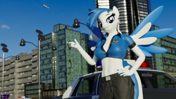 Size: 7680x4320 | Tagged: safe, artist:shadowboltsfm, oc, oc:striker blue, pegasus, anthro, plantigrade anthro, 3d, absurd resolution, blender, breasts, city, cuffs, eyelashes, hand on hip, looking at you, nail polish, not sfm, police car, police pony, smiling, solo