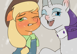 Size: 2480x1754 | Tagged: safe, artist:nire, applejack, rarity, pony, unicorn, g4, adorable face, blushing, bundled up for winter, cheek to cheek, clothes, cute, duo, duo female, ear blush, embarrassed, female, lesbian, looking away, red nosed, scarf, ship:rarijack, shipping, smiling, snow, winter clothes, winter hat, winter outfit