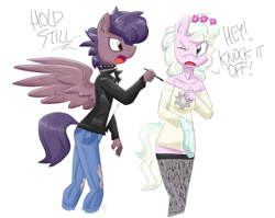 Size: 3900x3100 | Tagged: safe, artist:flutterthrash, oc, oc:blindside, oc:loveshy, earth pony, pegasus, anthro, choker, clothes, collar, eyeliner, femboy, floral head wreath, flower, high res, jacket, jeans, leather jacket, leggings, loose fitting clothes, makeup, male, pants, pastel goth, punk, ripped jeans, ripped pants, socks, spiked choker, spiked collar, stockings, thigh highs, torn clothes