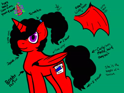 Size: 2048x1536 | Tagged: safe, artist:artmama113, oc, oc only, oc:yaoilover, alicorn, bat pony, bat pony alicorn, pony, bat pony oc, bat wings, female, glowing horn, green background, hair over one eye, horn, mare, ponytail, reference sheet, signature, simple background, smiling, solo, wings