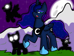 Size: 2048x1536 | Tagged: safe, artist:artmama113, princess luna, alicorn, pony, shadow pony, g4, ethereal mane, female, flying, full moon, glowing eyes, hair over one eye, hoof shoes, mare, moon, night, open mouth, peytral, raised hoof, signature, starry mane, stars