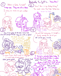 Size: 4779x6013 | Tagged: safe, artist:adorkabletwilightandfriends, lily, lily valley, moondancer, spike, starlight glimmer, twilight sparkle, oc, oc:pinenut, alicorn, cat, dragon, earth pony, pony, unicorn, comic:adorkable twilight and friends, g4, adorkable, adorkable twilight, angry, ass up, bag, comic, competition, cute, dating, dork, family, flu, friendship, hug, humor, lying down, medicine, mucus, pinebetes, remedy, rivalry, romance, sad, saddle bag, sick, silly, sitting, slice of life, snot, sorry, stomach ache, tension, twilight sparkle (alicorn)