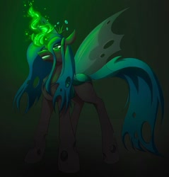 Size: 1080x1128 | Tagged: safe, alternate version, artist:moona_lou, queen chrysalis, changeling, changeling queen, g4, colored, female, glowing horn, gradient background, horn, smiling, solo