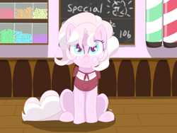 Size: 4000x3000 | Tagged: safe, artist:marshmallowfluff, oc, oc only, oc:marshmallow fluff, pony, unicorn, apron, candy, clothes, explicit source, food, freckles, sitting, solo