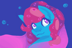 Size: 1530x1028 | Tagged: safe, artist:smirk, oc, oc only, oc:adira, monster pony, sea pony, seapony (g4), blue background, bubble, bust, cute, female, looking up, ms paint, pink eyes, simple background, smiling, solo, underwater, water
