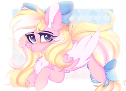 Size: 4542x3270 | Tagged: safe, artist:mint-light, oc, oc only, oc:bay breeze, pegasus, pony, bow, chest fluff, colored pinnae, commission, ear fluff, hair bow, looking at you, lying down, pale belly, pegasus oc, prone, signature, solo, tail bow, two toned wings, wings, ych result