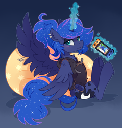 Size: 2200x2300 | Tagged: safe, artist:liquorice_sweet, princess luna, alicorn, pony, gamer luna, g4, animal crossing, animal crossing: new horizons, beanbag chair, clothes, cute, female, gamer, gaming, high res, hoodie, lunabetes, mare, nintendo switch, ponytail, princess, simple background, solo