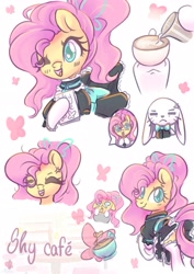 Size: 2480x3508 | Tagged: safe, artist:wavecipher, angel bunny, fluttershy, butterfly, pegasus, pony, g4, cafe, clothes, colored pupils, cross-popping veins, cute, dress, eyes closed, female, fluttermaid, food, heart eyes, high res, maid, maid cafe, mare, offscreen character, one eye closed, open mouth, shyabetes, socks, speech bubble, wingding eyes, wink