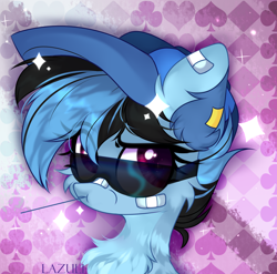 Size: 2886x2847 | Tagged: safe, artist:mint-light, oc, oc only, earth pony, pony, bandaid, bandaid on nose, cheek fluff, chest fluff, commission, ear fluff, earth pony oc, eyelashes, hat, high res, signature, solo, straw in mouth, sunglasses, ych result