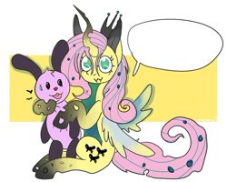 Size: 604x483 | Tagged: safe, artist:lowname, fluttershy, queen chrysalis, changeling, changeling queen, rabbit, g4, abstract background, animal, female, fusion, sitting, speech bubble
