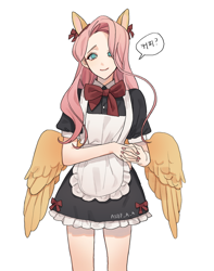 Size: 706x895 | Tagged: safe, artist:rd_3024, fluttershy, human, g4, apron, bowtie, clothes, cute, dialogue, dress, eared humanization, female, fluttermaid, humanized, korean, looking at you, maid, no pupils, shyabetes, simple background, solo, speech bubble, translated in the comments, white background, winged humanization, wings
