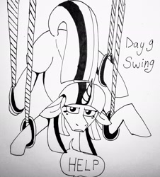 Size: 1855x2048 | Tagged: safe, artist:lowname, twilight sparkle, pony, unicorn, g4, bondage, female, floppy ears, inktober, inktober 2019, jewelry, mare, monochrome, ring, rope, solo, stuck, suspended, talking, traditional art, unicorn twilight