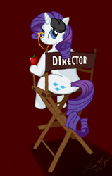 Size: 1200x1885 | Tagged: safe, artist:laramagyar, rarity, pony, unicorn, g4, apple, beret, chair, director, director rarity, director's chair, fanfic art, female, food, hat, looking at you, looking back, looking back at you, mare, monocle, sitting, solo