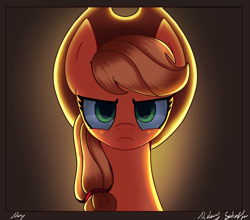 Size: 2500x2200 | Tagged: safe, artist:opal_radiance, applejack, earth pony, pony, g4, angry, applejack is not amused, applejack's hat, bust, cowboy hat, female, freckles, frown, hat, high res, looking at you, mare, portrait, solo, unamused