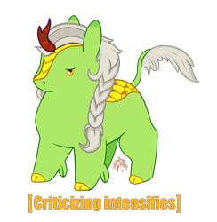 Size: 2520x2580 | Tagged: safe, artist:firehearttheinferno, oc, oc only, oc:golden koi, kirin, braided ponytail, caption, chibi, chimken numget, chubby, commission, cute, high res, kirin oc, male, meme, potato pony, present, simple background, solo, stallion, stare, transparent background, unamused, x intensifies