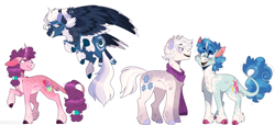 Size: 2994x1368 | Tagged: safe, artist:wanderingpegasus, double diamond, night glider, party favor, sugar belle, classical unicorn, earth pony, pegasus, pony, unicorn, g4, alternate hairstyle, blushing, chest fluff, cloven hooves, ear fluff, equal four, female, flying, freckles, grin, horn, leg fluff, leonine tail, looking at each other, male, mare, markings, raised hoof, raised leg, redesign, simple background, smiling, stallion, unshorn fetlocks, white background