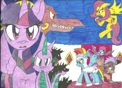 Size: 960x698 | Tagged: safe, artist:kaitlynfox-dog, fluttershy, rainbow dash, spike, twilight sparkle, alicorn, bat pony, dragon, pegasus, pony, g4, angry, armor, fight, floppy ears, flying, looking at you, traditional art, twilight sparkle (alicorn)