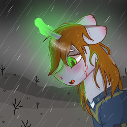 Size: 768x768 | Tagged: safe, artist:valkiria, oc, oc only, oc:littlepip, pony, unicorn, fallout equestria, blood, chest fluff, clothes, curved horn, cut, ear fluff, eyes open, fanfic, fanfic art, female, floppy ears, glowing horn, green eyes, horn, injured, jumpsuit, magic, mare, messy mane, open mouth, rain, solo, tree, unicorn oc, vault suit, wasteland