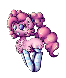 Size: 2475x2912 | Tagged: safe, artist:coco-drillo, pinkie pie, pony, g4, alternate hairstyle, bouncing, chest fluff, clothes, colorful, cute, diapinkes, ear fluff, excited, freckles, grin, high res, jumping, kneesocks, pigtails, ponk, simple background, smiling, socks, solo, stockings, striped socks, thigh highs, transparent background, twintails