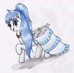 Size: 2048x2009 | Tagged: safe, artist:40kponyguy, derpibooru exclusive, oc, oc only, oc:clarise, pegasus, pony, clothes, cute, dress, ear fluff, gala dress, looking at you, ponytail, simple background, skirt, solo, traditional art