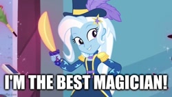 Size: 640x360 | Tagged: safe, edit, edited screencap, screencap, trixie, equestria girls, g4, my little pony equestria girls: better together, street magic with trixie, caption, female, image macro, smiling, solo, text