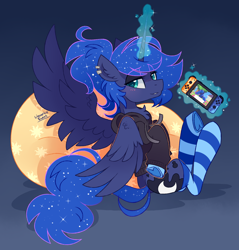 Size: 2200x2300 | Tagged: safe, alternate version, artist:liquorice_sweet, princess luna, alicorn, pony, gamer luna, animal crossing, animal crossing: new horizons, beanbag chair, butt, clothes, cute, female, gamer, gaming, high res, hoodie, lunabetes, mare, nintendo switch, plot, ponytail, princess, simple background, socks, solo, striped socks