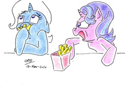 Size: 1024x710 | Tagged: safe, artist:gafelpoez, starlight glimmer, trixie, pony, g4, eating, food, french fries, herbivore